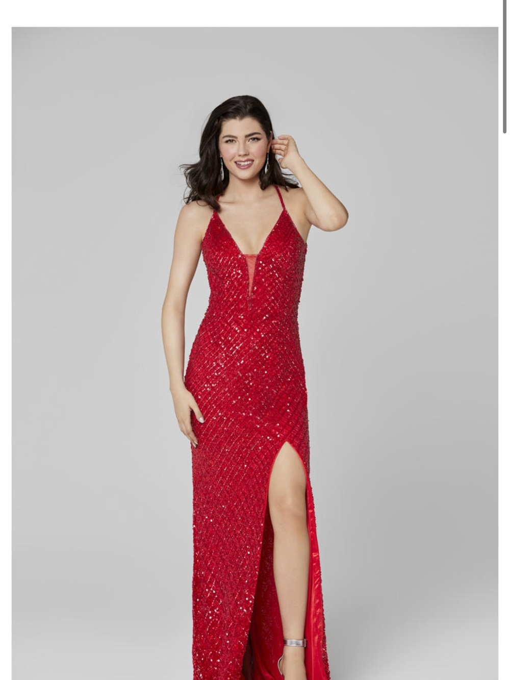 Primavera Couture Red Sequin Plunge Neck Gown with High Slit